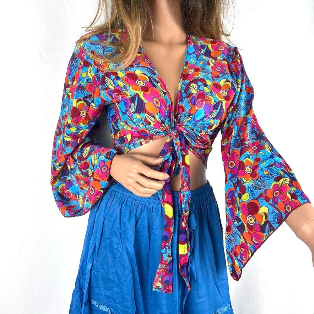 Open Front Tie Bell Sleeves Blouse - Picture 1 of 6